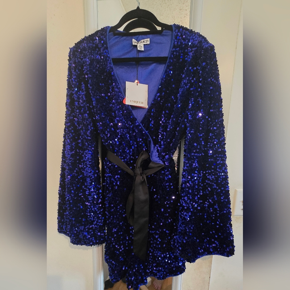 Blue Sequin Wrap Romper with Black Belt